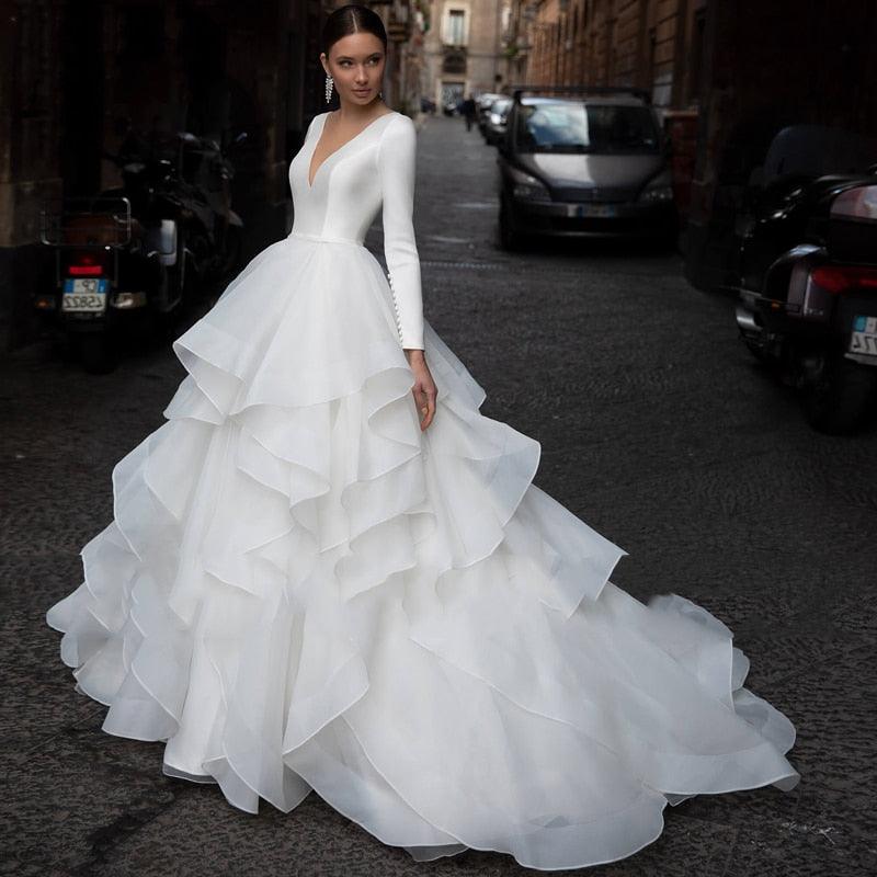 Romantic V-Neck Beach Wedding Dress – Long Sleeves with Ruffles, Custom Made