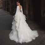 Romantic V-Neck Beach Wedding Dress – Long Sleeves with Ruffles, Custom Made