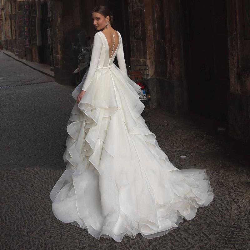Romantic V-Neck Beach Wedding Dress – Long Sleeves with Ruffles, Custom Made