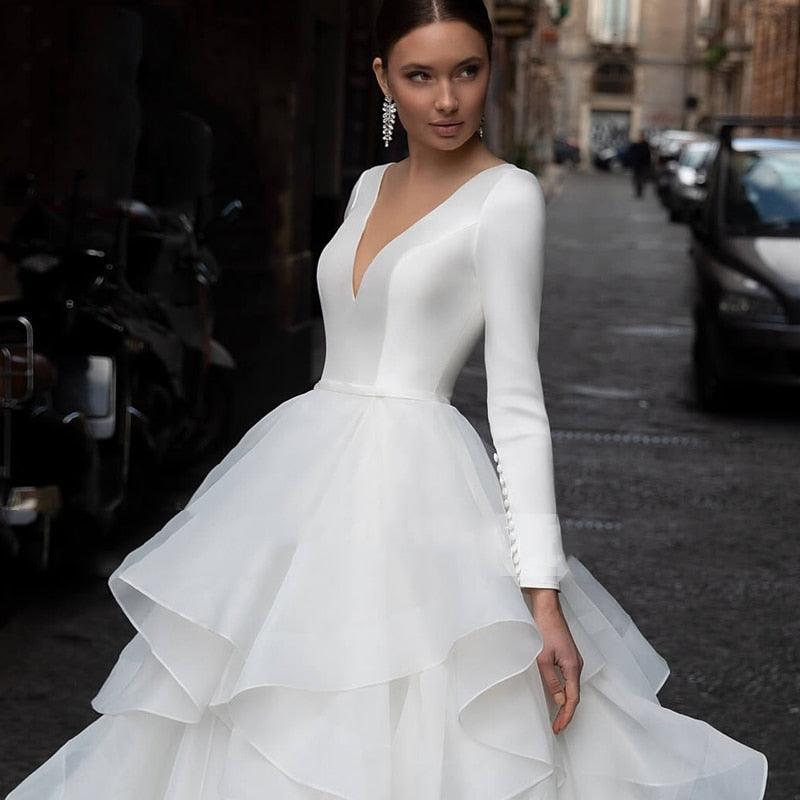 Romantic V-Neck Beach Wedding Dress – Long Sleeves with Ruffles, Custom Made