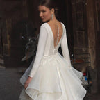 Romantic V-Neck Beach Wedding Dress – Long Sleeves with Ruffles, Custom Made