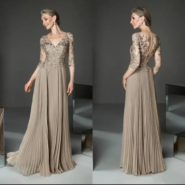 Half Sleeve Pleated A-Line Mother of Bride Dress