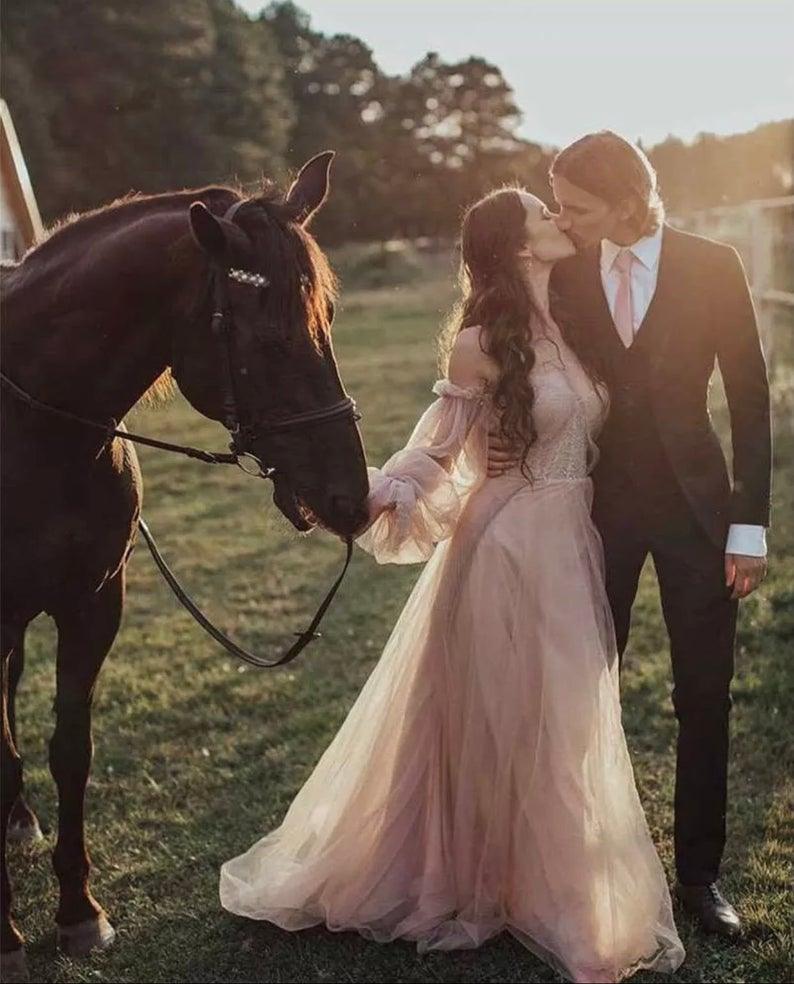 Pink Boho Wedding Dress – Off-the-Shoulder Beach Gown with Puff Sleeves & Beading, Custom Made