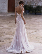 Sexy Deep V-Neck Mermaid Wedding Dress – Spaghetti Straps, Crystal Beading & 3D Appliqués, Custom Made