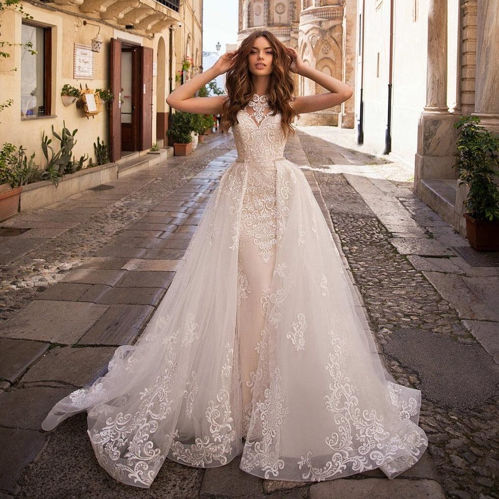 Sexy 2-Piece Mermaid Beach Wedding Dress – Lace Appliqués, Beading & Crystal Sashes, Custom Made