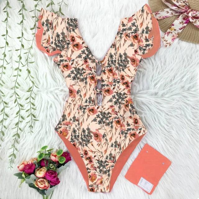 2022 New Sexy Ruffle Print Floral One Piece Off The Shoulder Swimwear