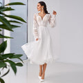 V-Neck Lace Tea-Length Wedding Dress – Long Sleeves for Classic Charm, Custom Made