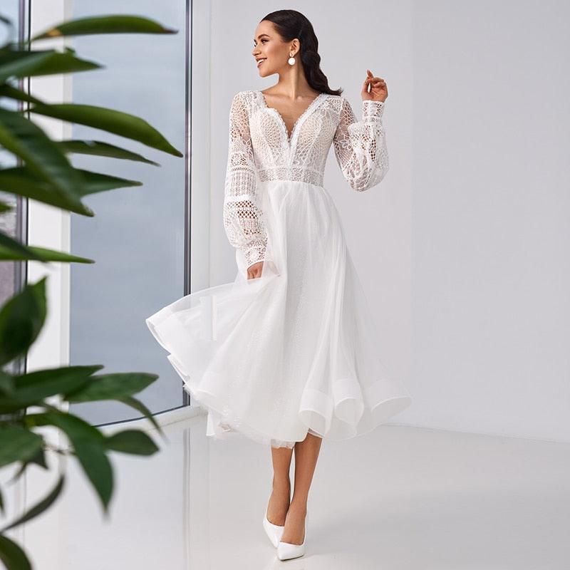V-Neck Lace Tea-Length Wedding Dress – Long Sleeves for Classic Charm, Custom Made