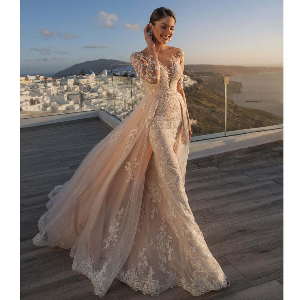 Sexy V-Neck Boho Mermaid Wedding Dress – Lace Appliqués & Romantic Slit, Custom Made