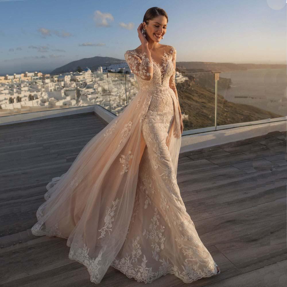 Sexy V-Neck Boho Mermaid Wedding Dress – Lace Appliqués & Romantic Slit, Custom Made