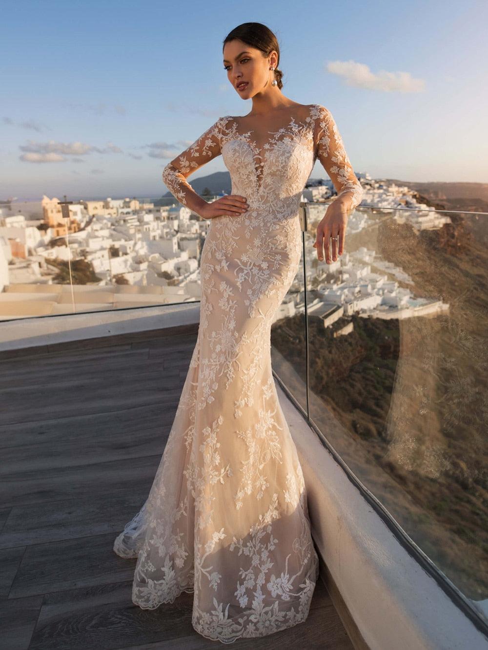 Sexy V-Neck Boho Mermaid Wedding Dress – Lace Appliqués & Romantic Slit, Custom Made