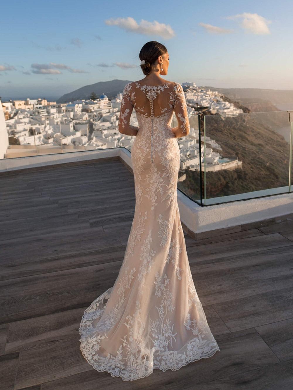 Sexy V-Neck Boho Mermaid Wedding Dress – Lace Appliqués & Romantic Slit, Custom Made