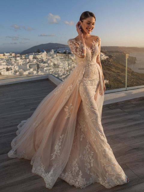 Sexy V-Neck Boho Mermaid Wedding Dress – Lace Appliqués & Romantic Slit, Custom Made