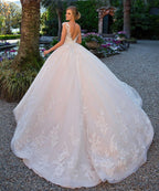 V-Neck 3D Floral Ball Gown Wedding Dress – Lace Appliqués & Princess Train, Custom Made