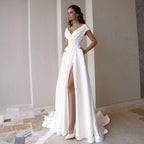 Sexy High-Slit Off-the-Shoulder V-Neck Wedding Dress – Glamorous Fit, Custom Made