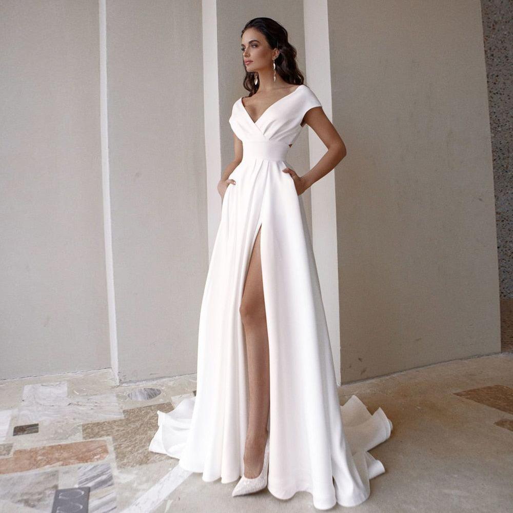 Sexy High-Slit Off-the-Shoulder V-Neck Wedding Dress – Glamorous Fit, Custom Made