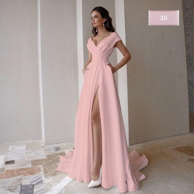 Sexy High-Slit Off-the-Shoulder V-Neck Wedding Dress – Glamorous Fit, Custom Made