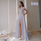 Sexy High-Slit Off-the-Shoulder V-Neck Wedding Dress – Glamorous Fit, Custom Made