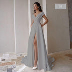 Sexy High-Slit Off-the-Shoulder V-Neck Wedding Dress – Glamorous Fit, Custom Made