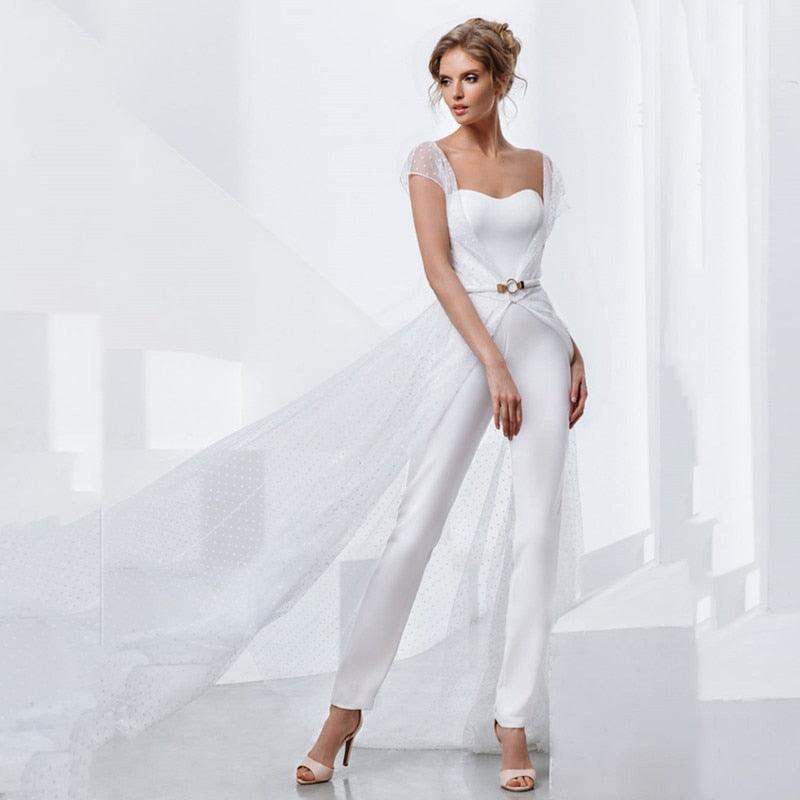 Sweetheart Bridal Jumpsuit with Sash & Sweep Train, Custom Made