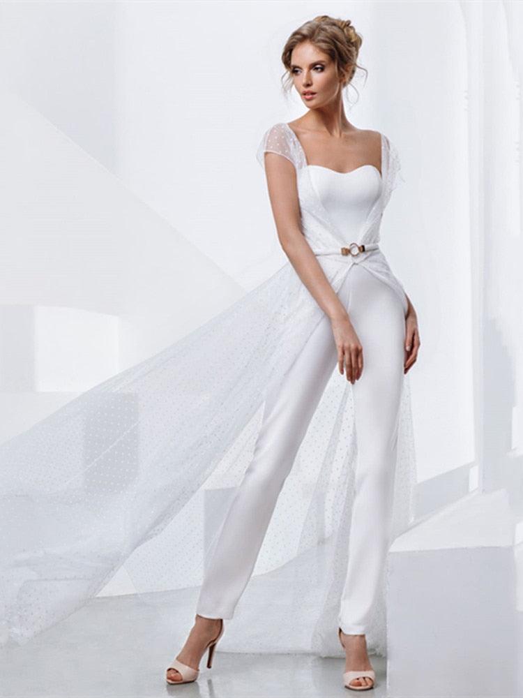 Sweetheart Bridal Jumpsuit with Sash & Sweep Train, Custom Made