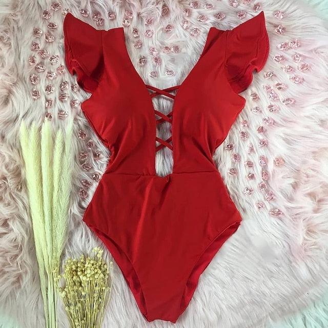 2022 New Sexy Ruffle Print Floral One Piece Off The Shoulder Swimwear