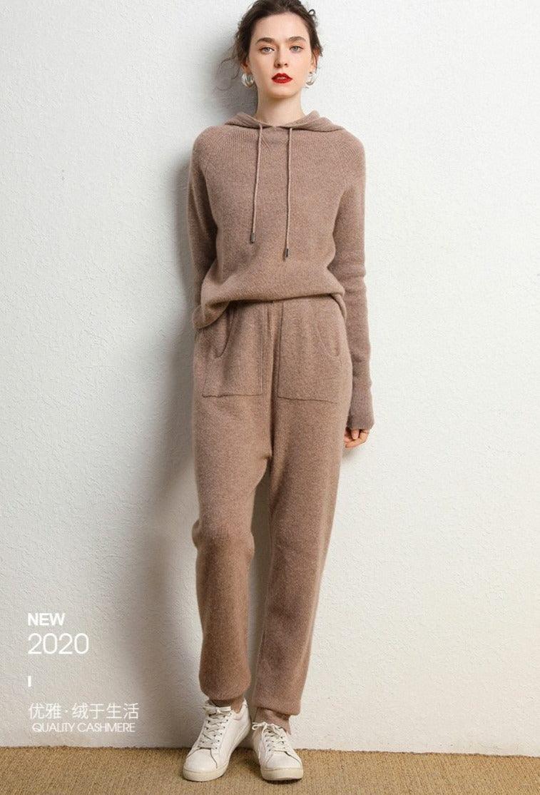 Autumn and Winter Women's Cashmere Hooded Sweater(Pants Not Included)