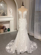 Sexy Deep V-Neck Mermaid Wedding Dress – Spaghetti Straps, Crystal Beading & 3D Appliqués, Custom Made