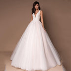 Deep V-Neck Princess Wedding Dress – Puffy Tulle, Beads & Appliqués, Custom Made