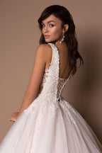 Deep V-Neck Princess Wedding Dress – Puffy Tulle, Beads & Appliqués, Custom Made
