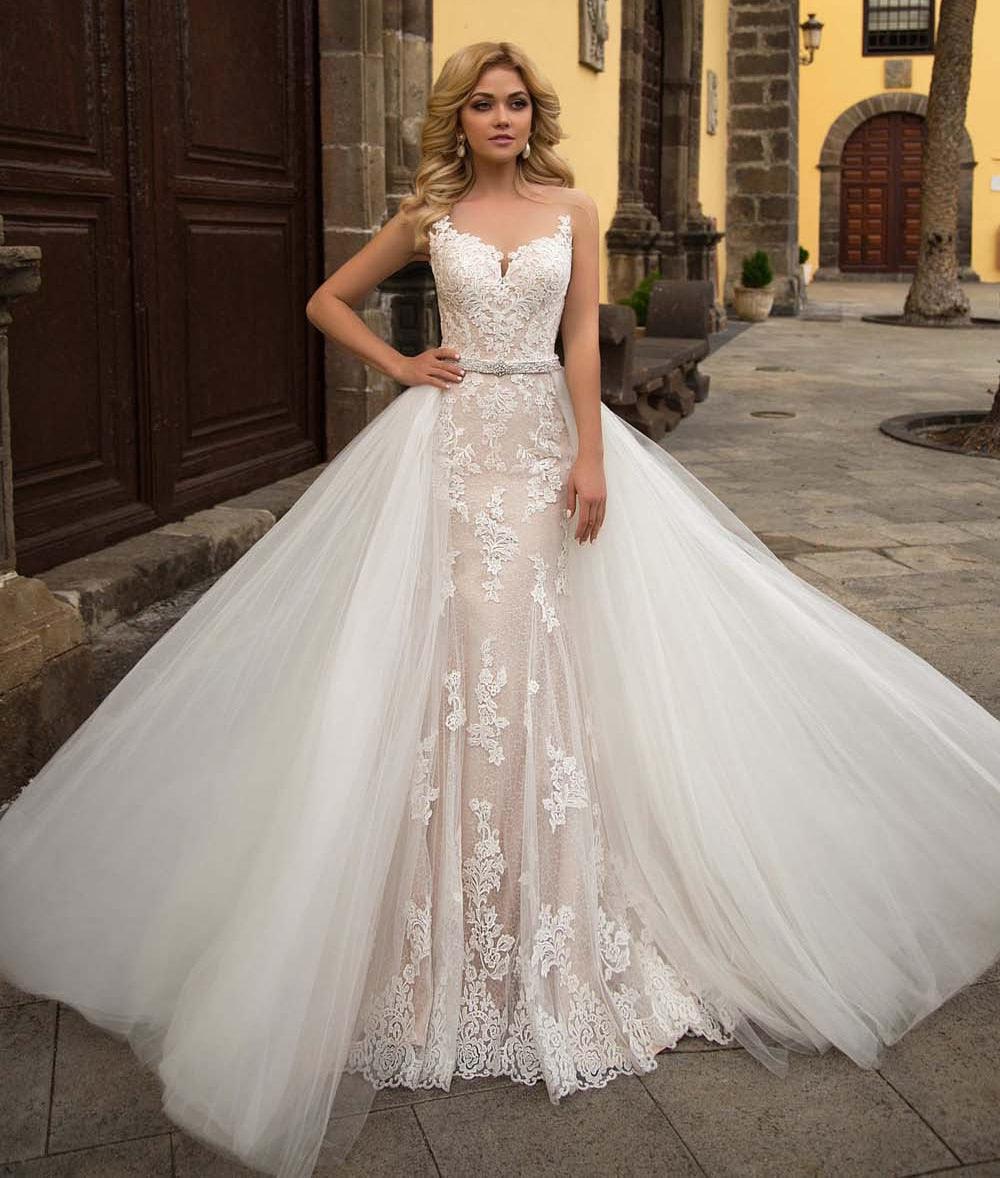 Sexy 2-Piece Mermaid Wedding Dress – Appliqués, Lace Beading & Crystal Belt, Custom Made