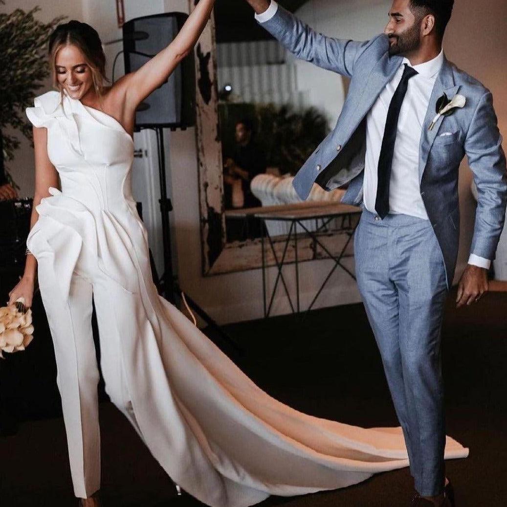 Satin One-Shoulder Ruched Bridal Jumpsuit – Elegant & Modern, Custom Made