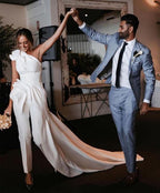 Satin One-Shoulder Ruched Bridal Jumpsuit – Elegant & Modern, Custom Made