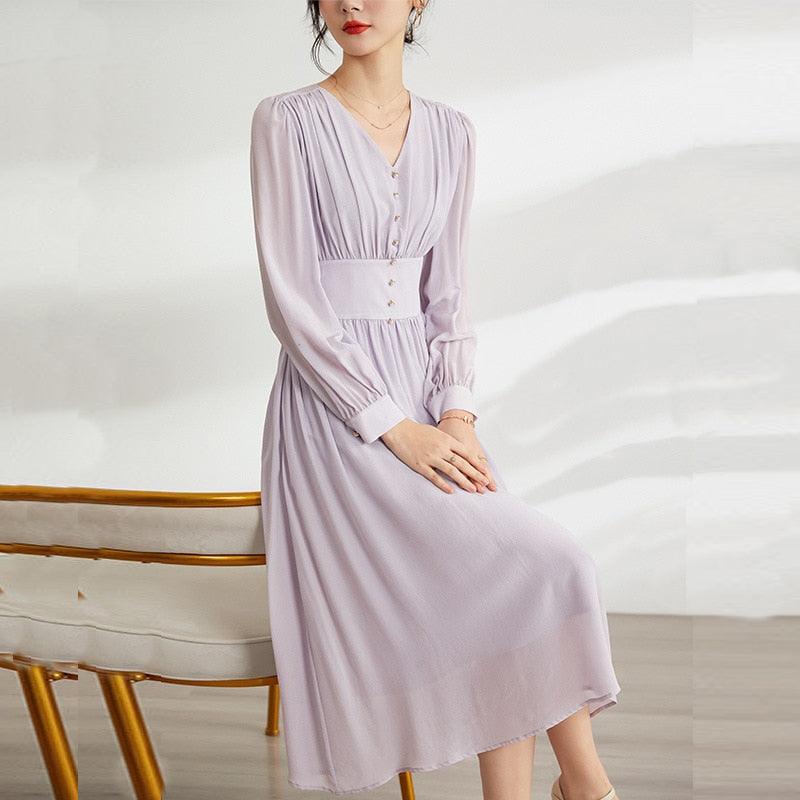 Elegant Purple Long Sleeve Mulberry Silk A-Line Dress