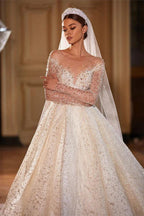 Royal French Princess Wedding Dress – Luxury Long Sleeves with Sparkling Beads, Custom Made