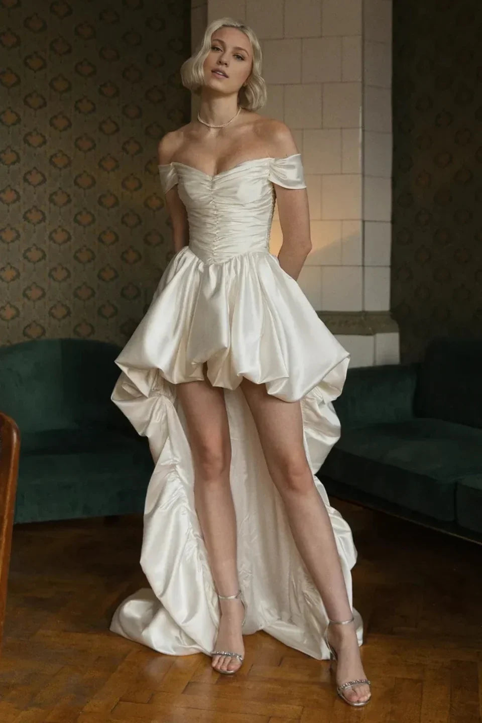 Off-Shoulder Short A-Line Wedding Dress – Puff Sleeves & High-Low Satin Bridal Gown, Custom Made