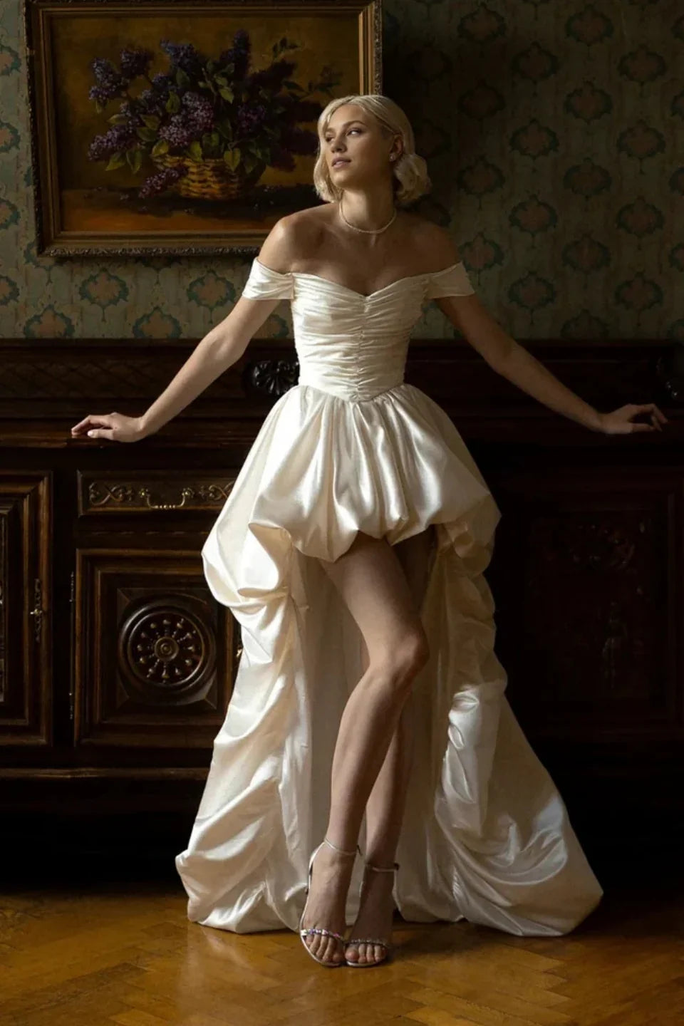 Off-Shoulder Short A-Line Wedding Dress – Puff Sleeves & High-Low Satin Bridal Gown, Custom Made