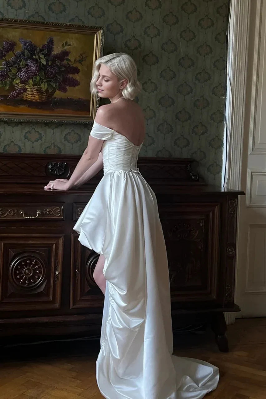 Off-Shoulder Short A-Line Wedding Dress – Puff Sleeves & High-Low Satin Bridal Gown, Custom Made