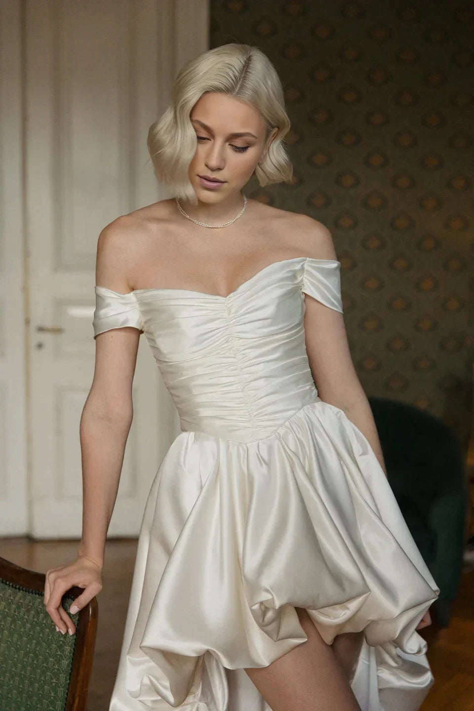 Off-Shoulder Short A-Line Wedding Dress – Puff Sleeves & High-Low Satin Bridal Gown, Custom Made