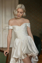 Off-Shoulder Short A-Line Wedding Dress – Puff Sleeves & High-Low Satin Bridal Gown, Custom Made