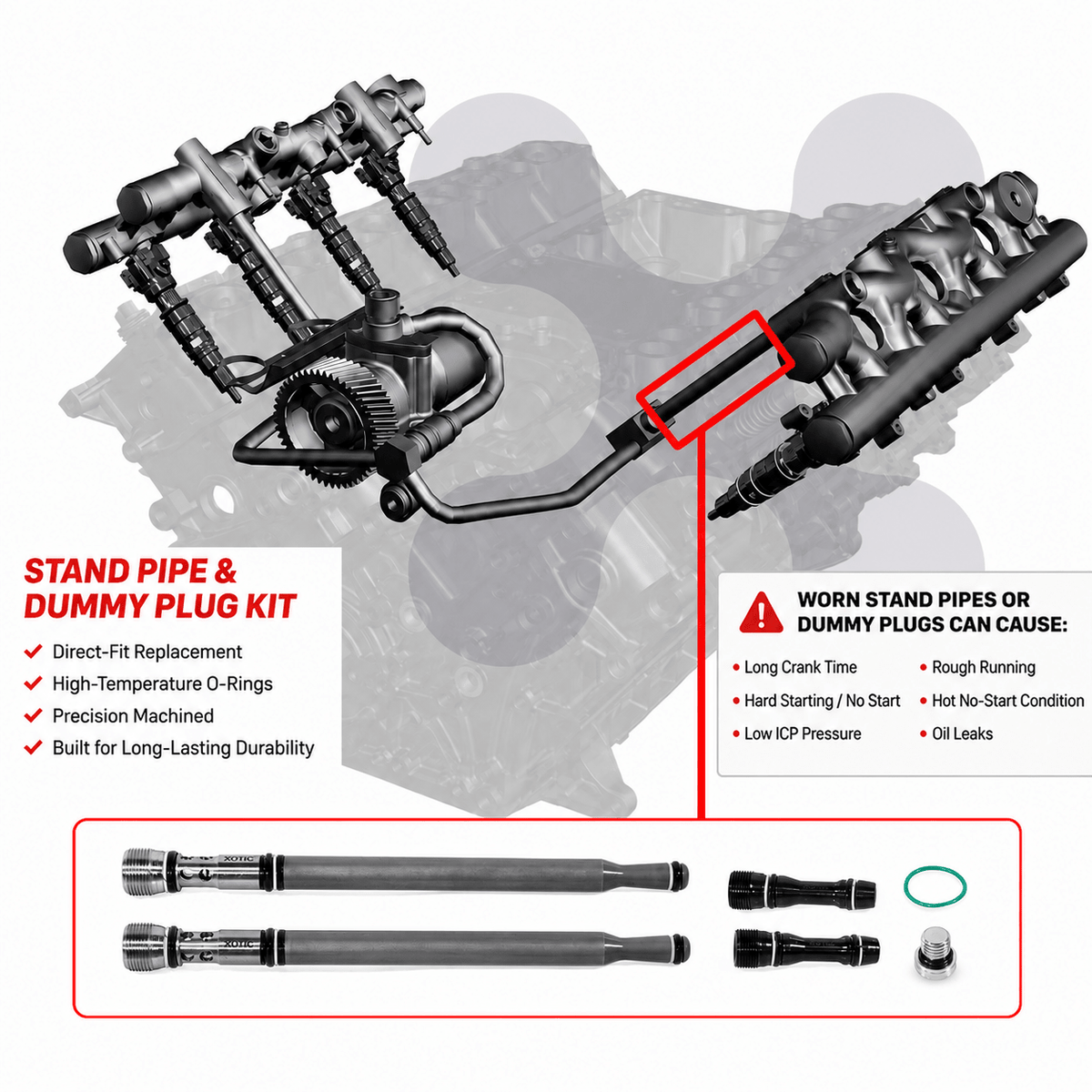 Stand Pipe & Dummy Plug Kit - 2004.5-2010 Ford 6.0L Power Stroke E/F-Series 6E7Z-9A332-B Fuel Supply Tube