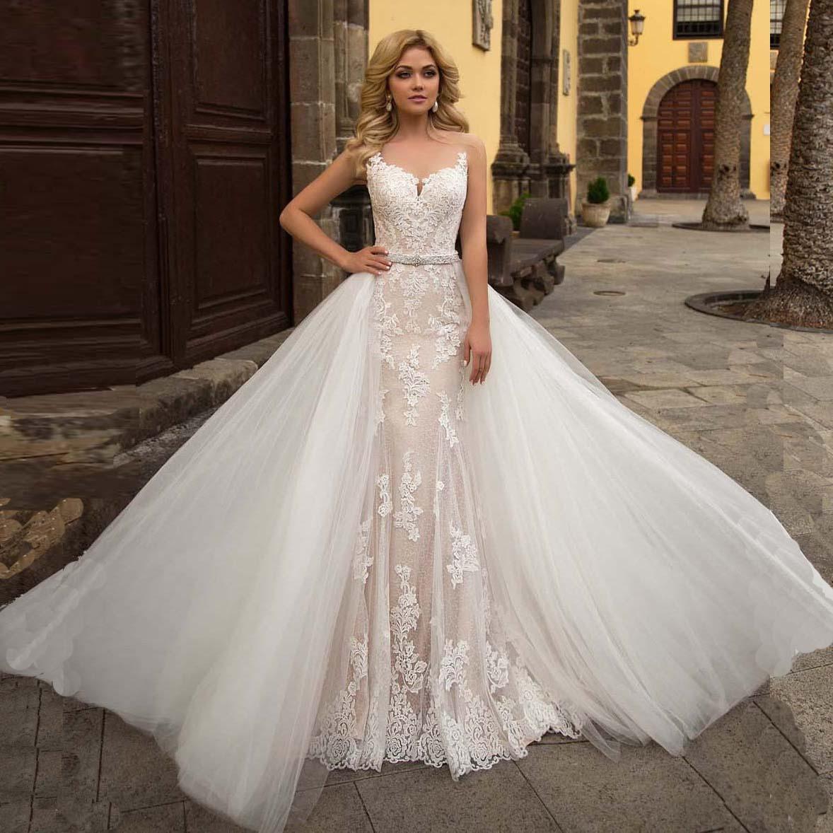Sexy 2-Piece Mermaid Wedding Dress – Appliqués, Lace Beading & Crystal Belt, Custom Made