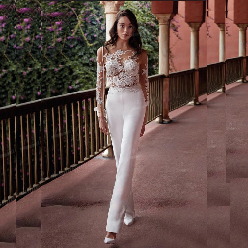 Long Sleeve Lace Bridal Jumpsuit with Appliqués & Detachable Train, Custom Made