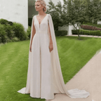Ivory Bridal Jumpsuit with Cape – V-Neck Bridal Pantsuit, Custom Made