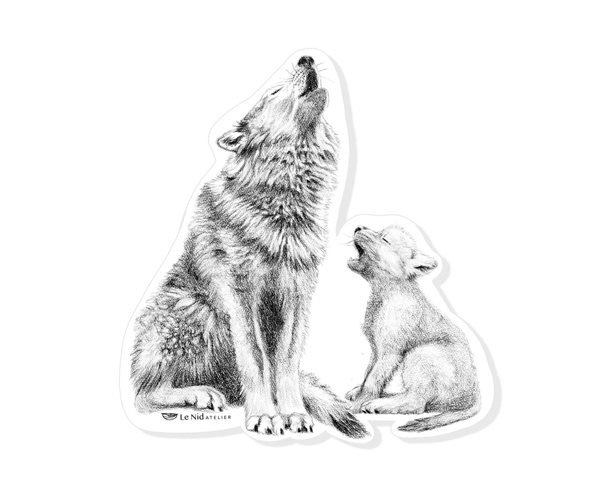 Wolf howling with cub - Sticker