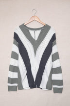 Zipper V-Neck Striped Printed Long Sleeve T-Shirt